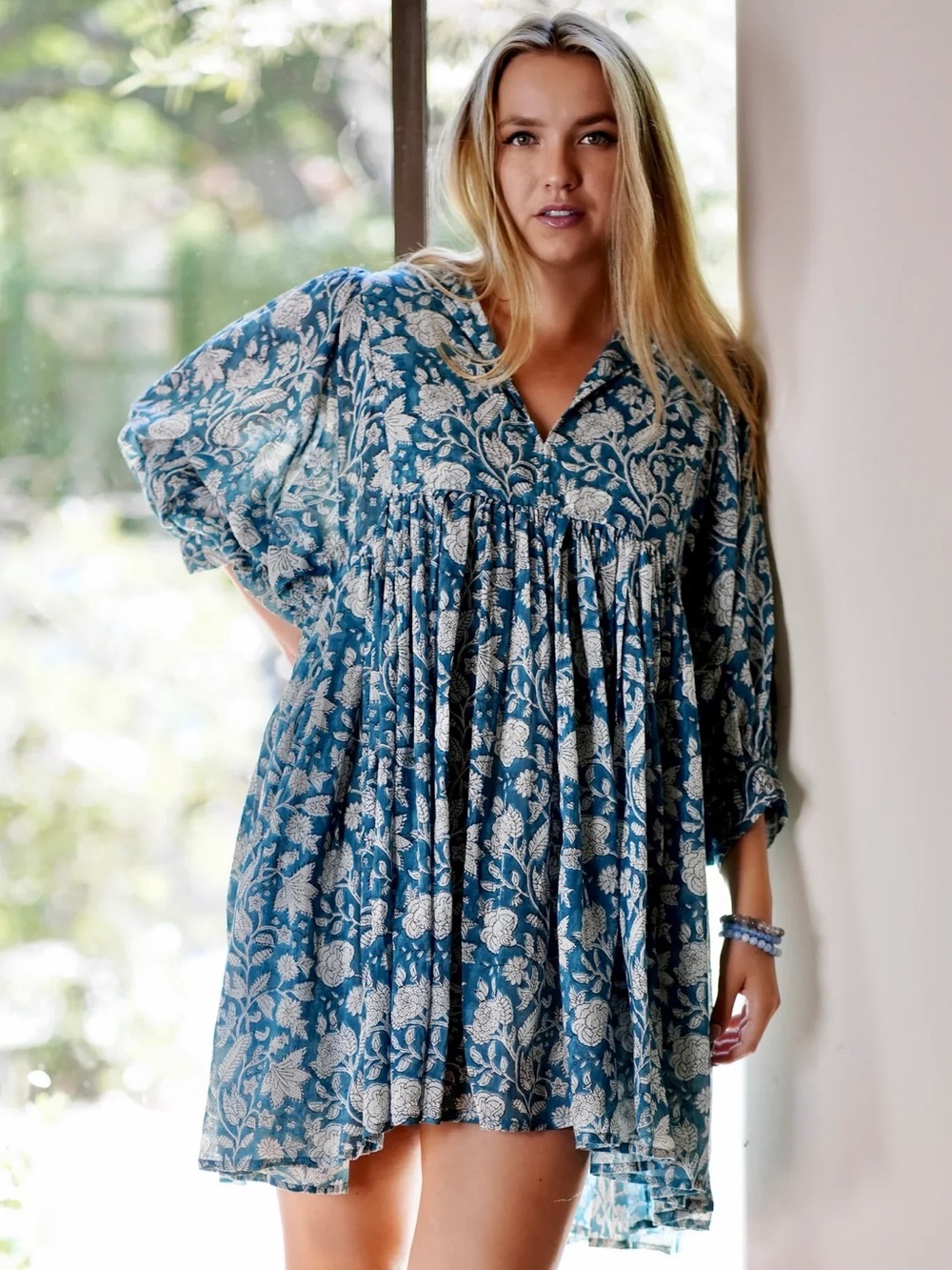 Dolma Raya Block Printed Mini Dress- Teal size Med NEW